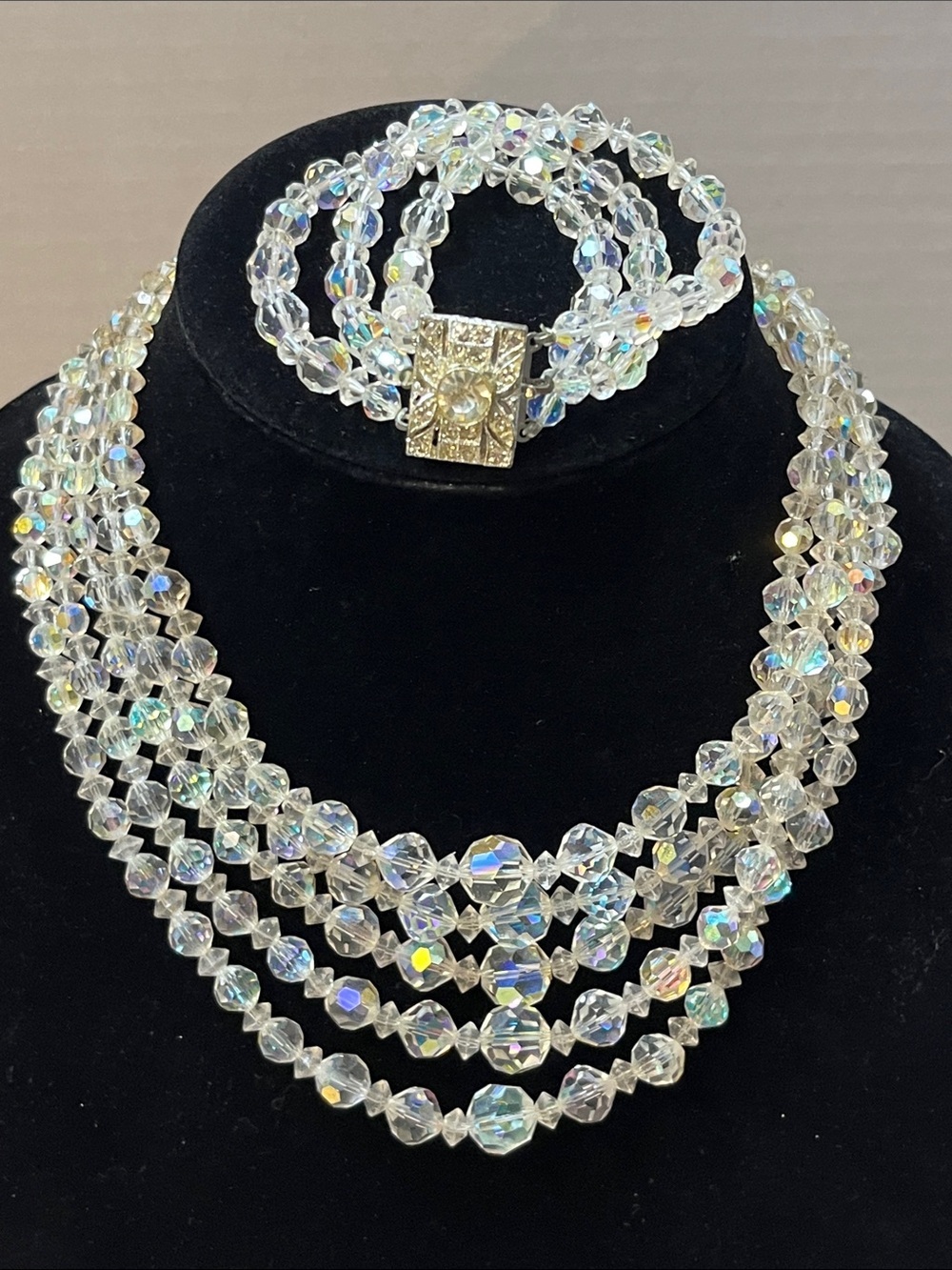 Vintage 5-Strand Aurora Borealis Crystal Necklace & Matching 3-Strand Bracelet